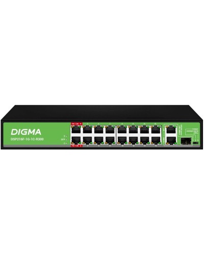 DSP216F-1G-1C-R300 (L2) 16х100Мбит/с 1х1Гбит/с 1хКомбо(1000BASE-T/SFP) 16PoE 16PoE+ 2PoE++ 300W. Коммутатор с питанием по PoE. Digma в Екатеринбурге