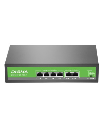 DSP204F-2F-T80 DSP204F-2F-T80 V1 (L2) 6х100Мбит/с 4PoE 4PoE+ 80W. Коммутатор с питанием по PoE. Digma в Екатеринбурге