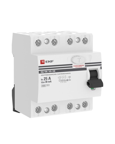 УЗО ВД-100 4P 25А 30мА тип AC эл-мех  PROxima (elcb-4-25-30-em-pro). Выключатель дифференциального тока (УЗО). EKF в Екатеринбурге
