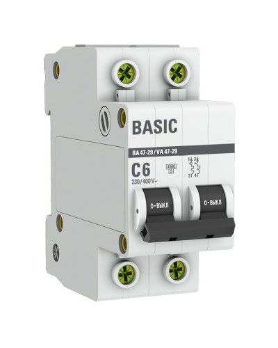 Автоматический выключатель 2P 6А (C) 4,5кА ВА 47-29 Basic (mcb4729-2-06C). Автоматический выключатель. EKF в Екатеринбурге