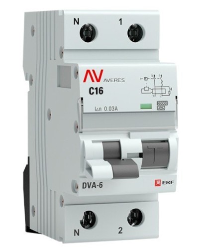 DVA-6 1P+N 16А (C) 30мА (AC) 6кА  AVERES (rcbo6-1pn-16C-30-ac-av). Автоматический выключатель дифференциального тока. EKF в Екатеринбурге