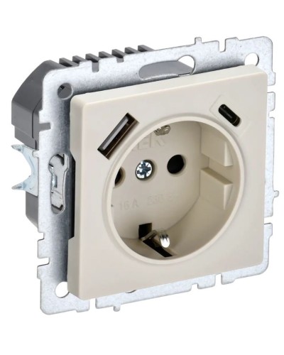 Розетка с з/к с USB A+C 18Вт РЮш11-1-БрКр бежевый BRITE (BR-R14-16-U22-018-K10). Розетка с заземлением с защитными шторками, 18Вт. IEK в Екатеринбурге